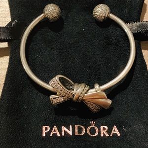 Genuine Pandora Bow Bangle, CZ pave claps